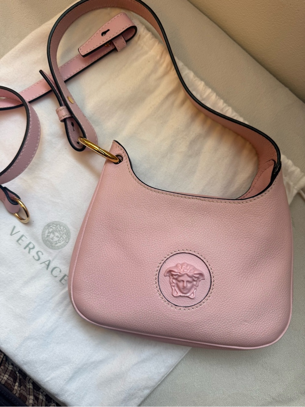Versace Blush Pink Pebbled Leather Shoulder Bag with Medusa Motif